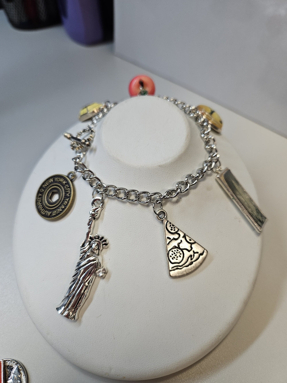 Silver Charm Bracelet with Statue of Liberty & Pizza Charms - Silver Tone